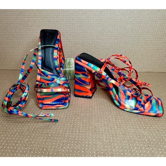 ASOS Design Colorful Orange Blue Heels Strappy Square Toe Tie Up High Heel - Picture 2 of 12